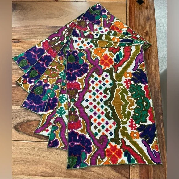 Vintage Linen Table Runner with 6 Placemats Set - Abstract Bold Modern Design